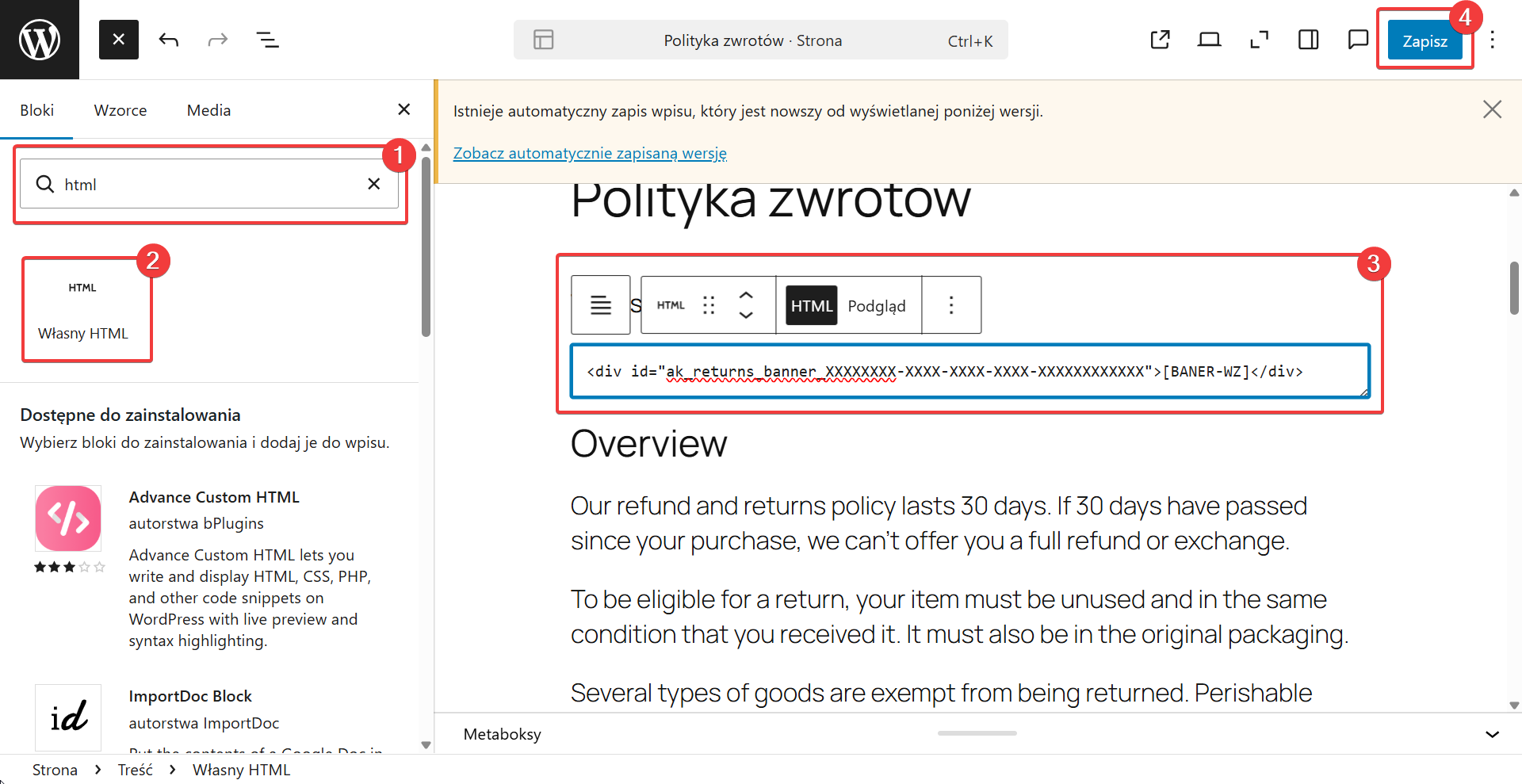 Dodaj blok Własny HTML z kodem banera