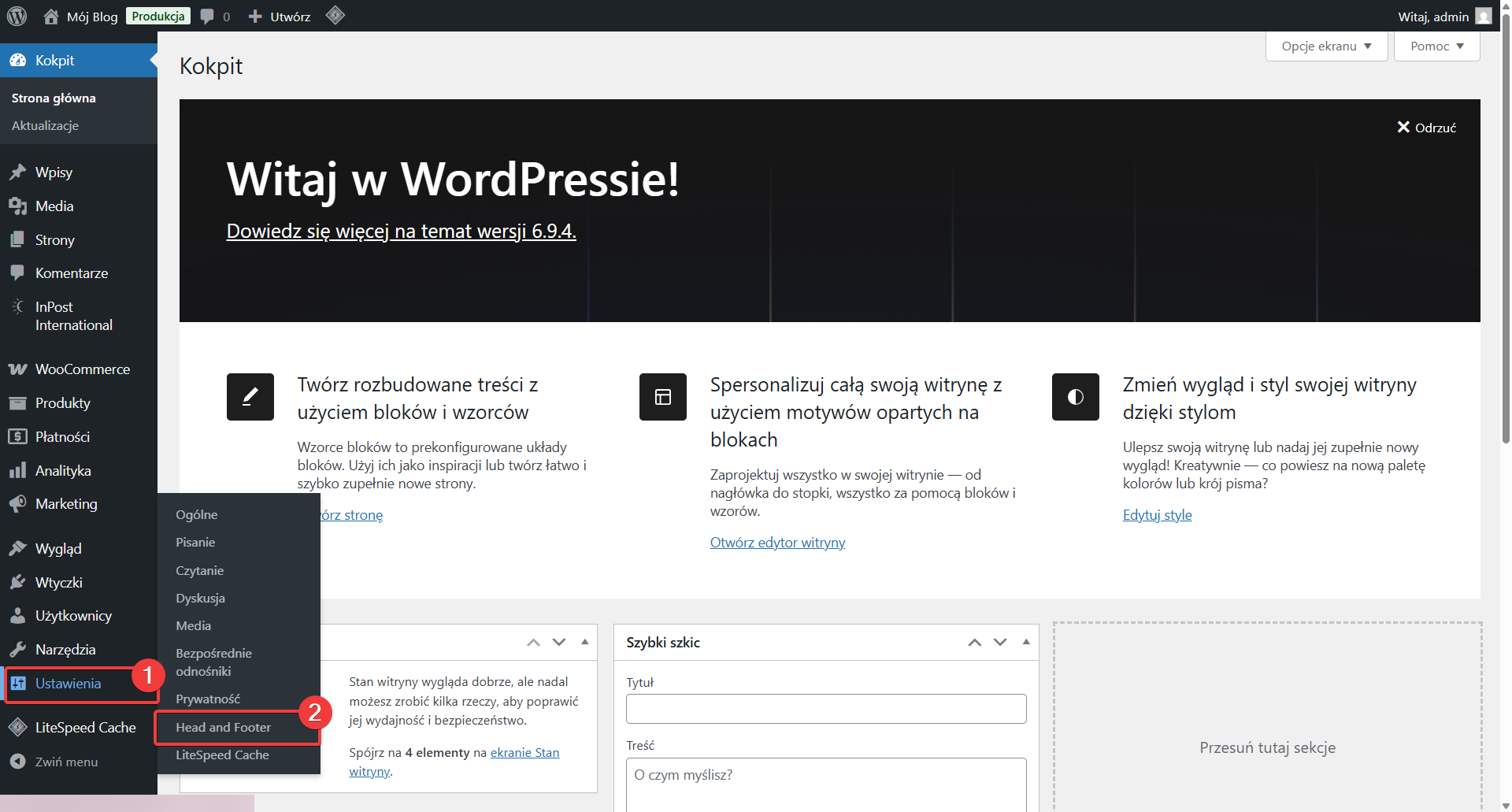 Ustawienia → Head and Footer