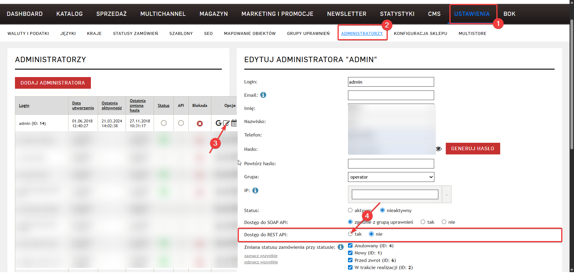 Ustawienia administratorów AtomStore