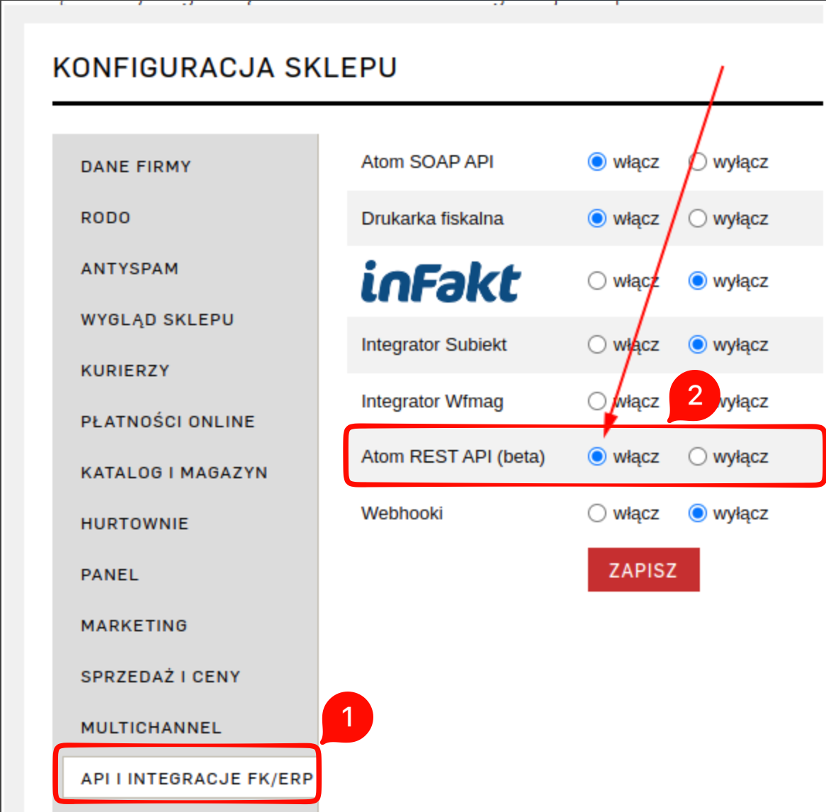 Aktywacja Atom REST API w konfiguracji sklepu AtomStore