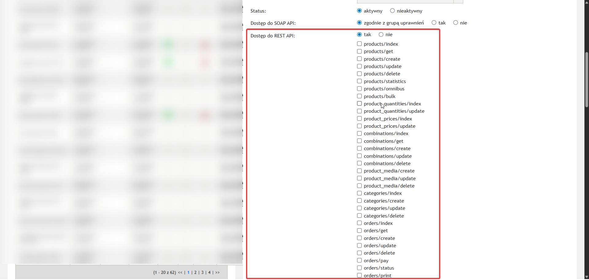 Uprawnienia API AtomStore