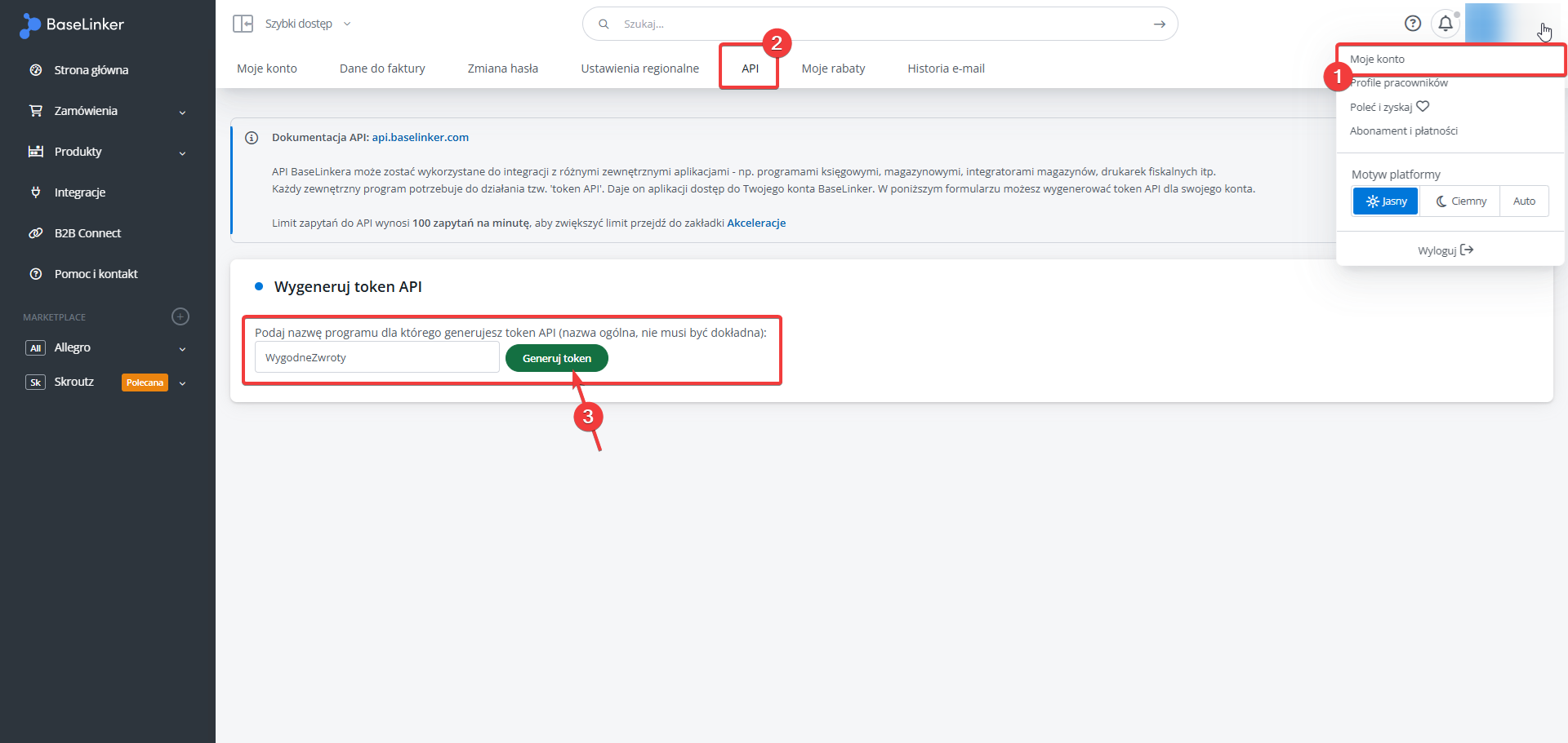 Panel Base – generowanie tokenu API
