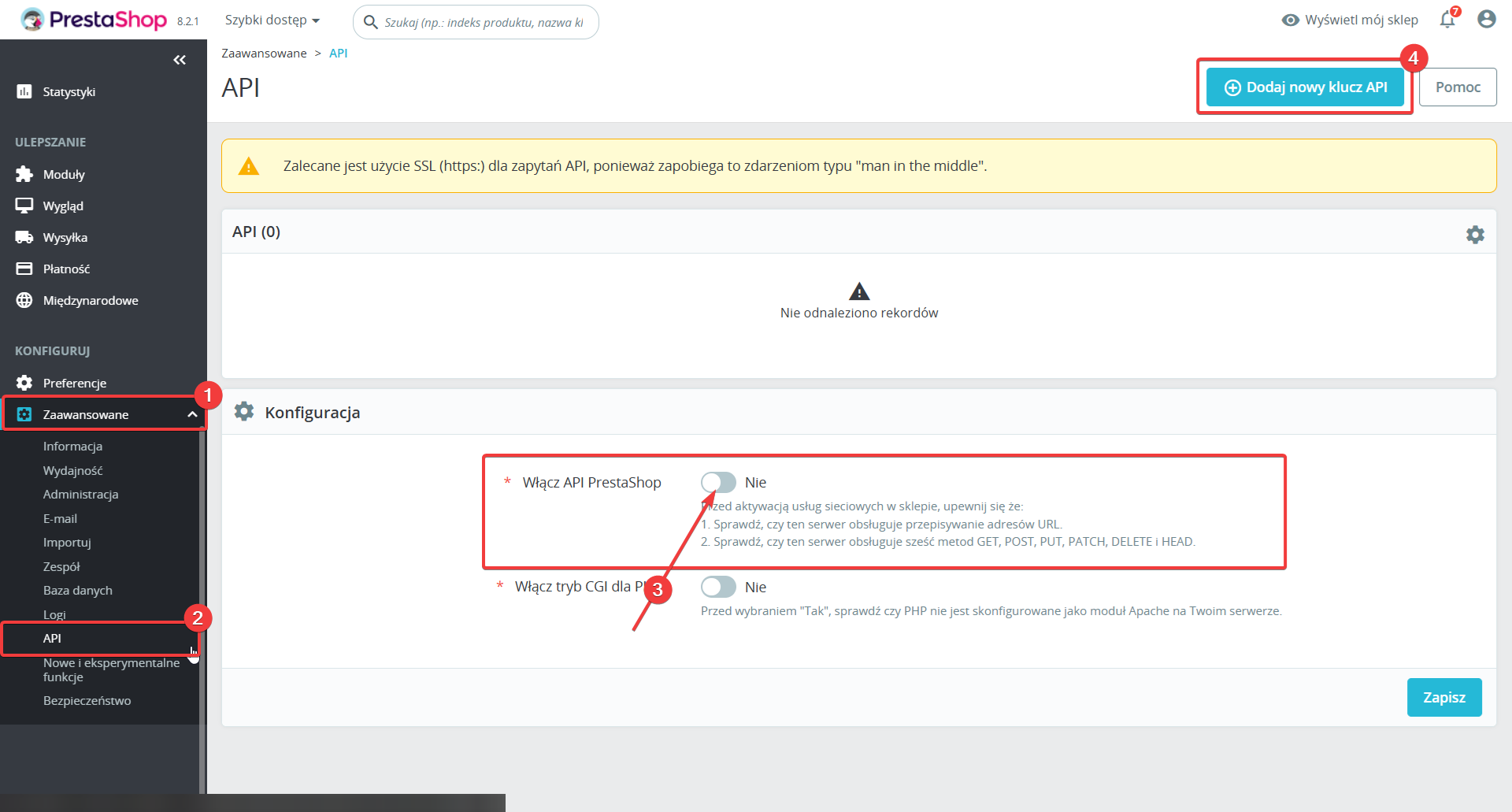 Dodaj nowy klucz API w PrestaShop