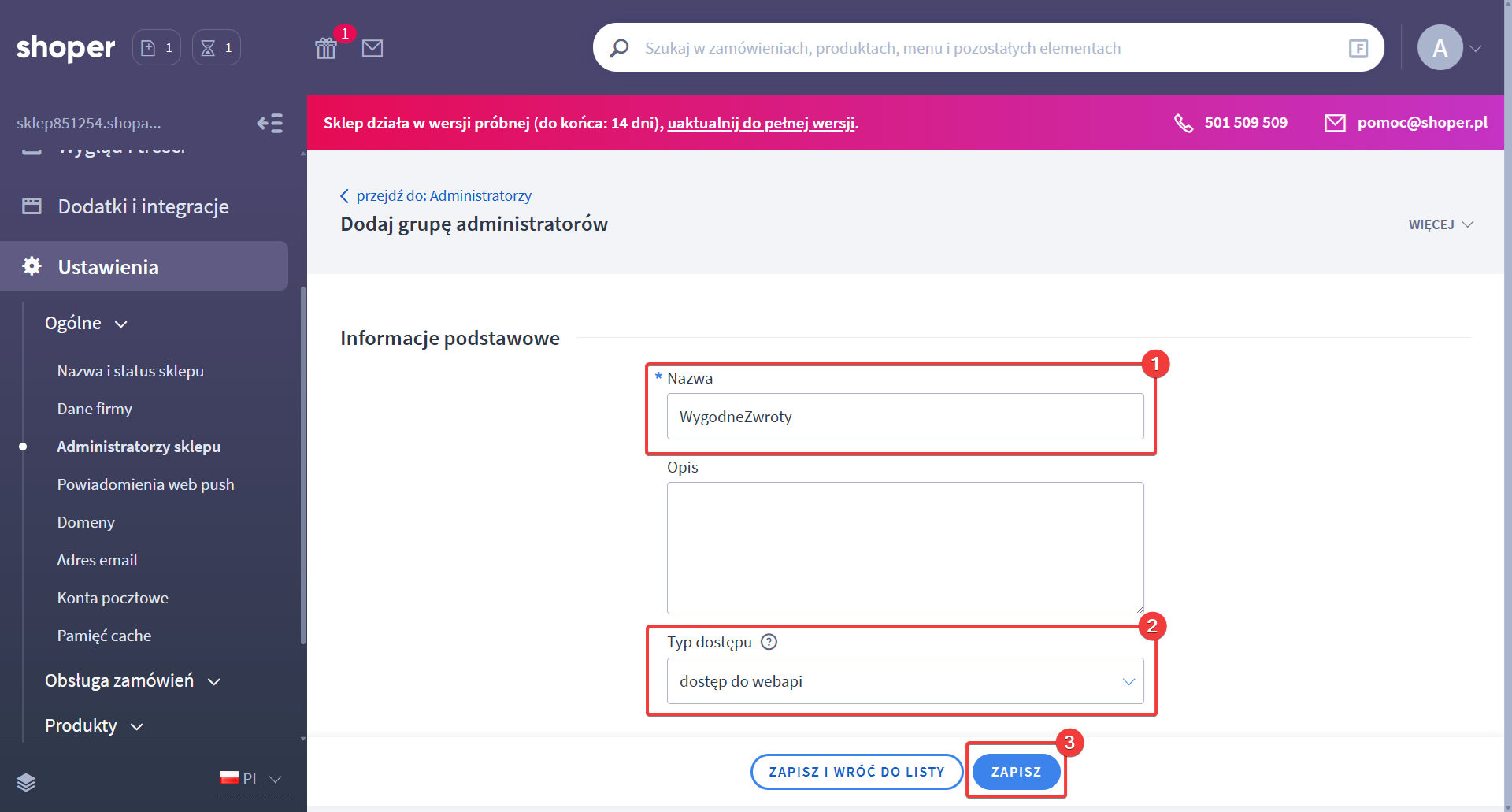 Konfiguracja grupy administratorów w Shoper