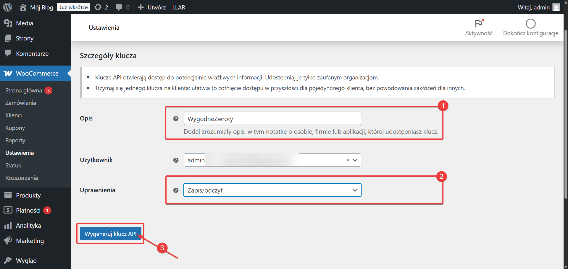 Konfiguracja klucza API WooCommerce