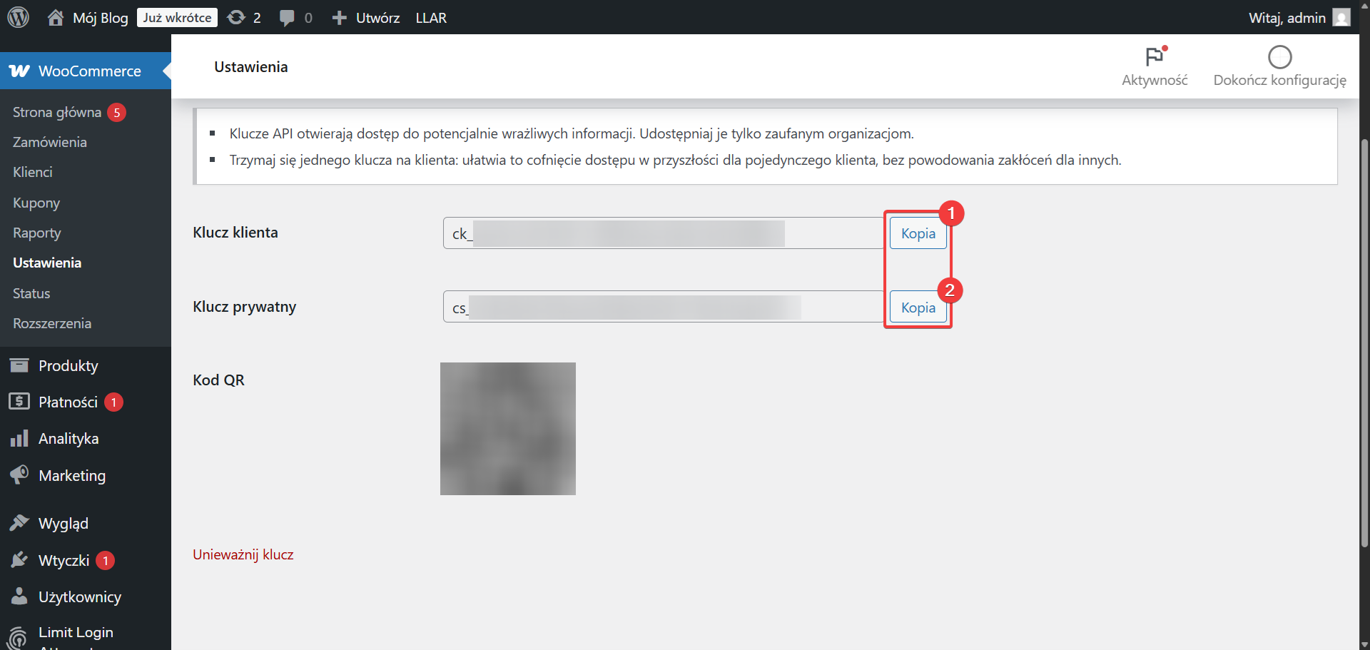 Skopiuj klucze API WooCommerce