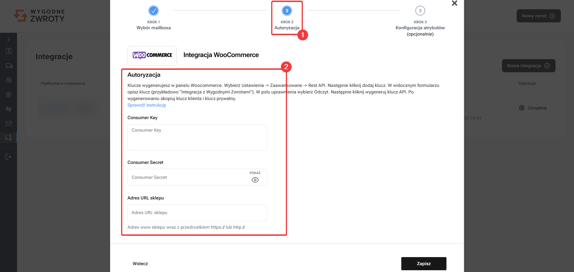 Wklej klucze API do panelu Wygodnych Zwrotów